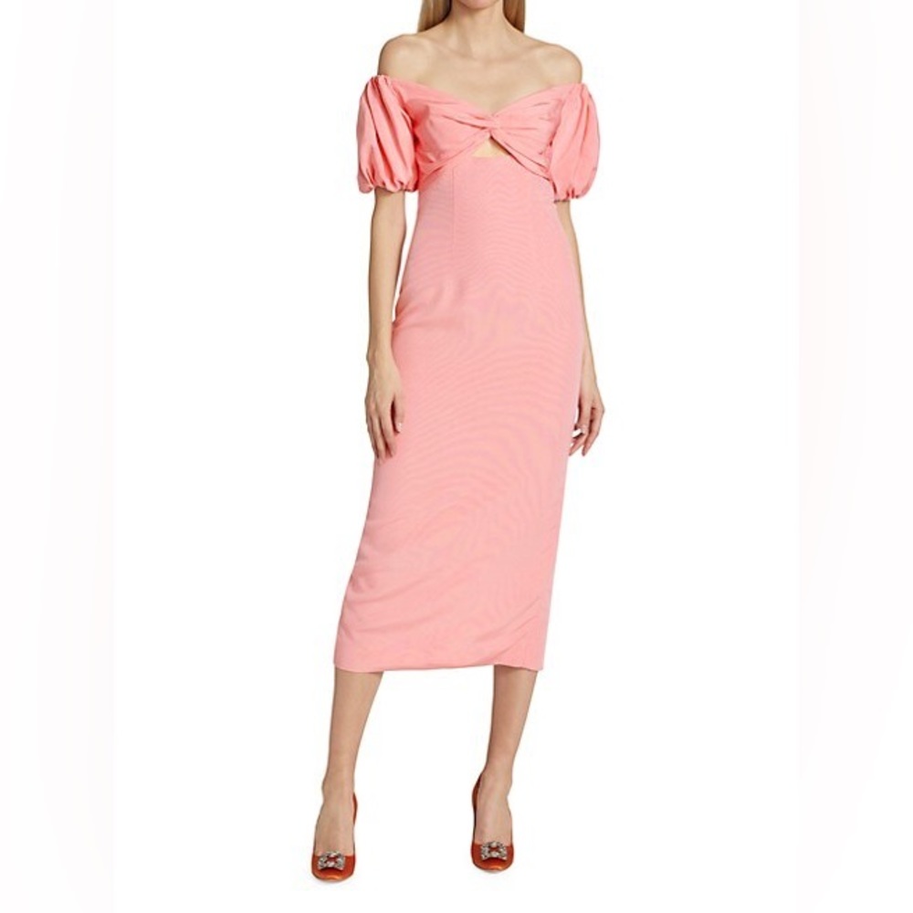 ML Monique Lhuillier Off-The-Shoulder Faille Midi Dress in Grapefruit. Size 4.